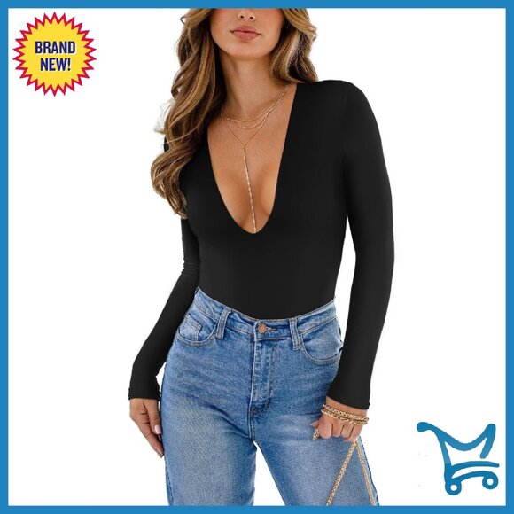Long Sleeve Plunge V-Neck Bodysuit Double Lined Snap Closure